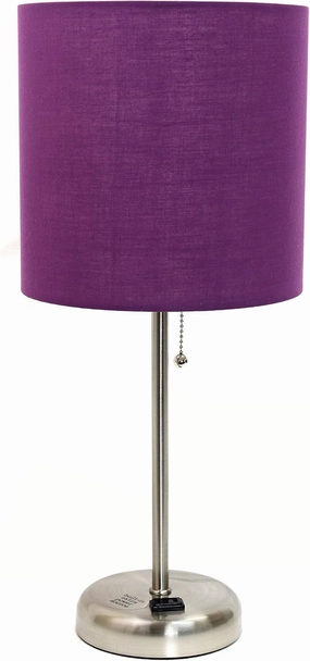 Simple Designs LT2024-PRP Brushed Steel Stick Table Desk Lamp with Charging Outlet and Drum Fabric Shade, Purple