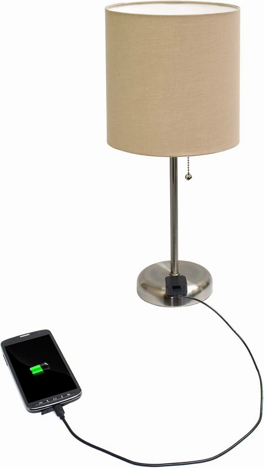 Simple Designs LT2024-TAN Brushed Steel Stick Table Desk Lamp with Charging Outlet and Drum Fabric Shade, Tan