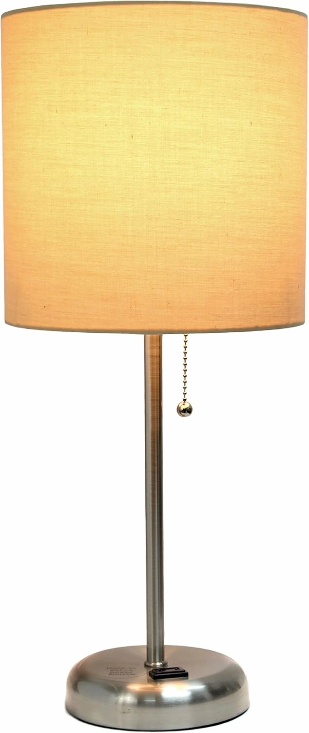 Simple Designs LT2024-TAN Brushed Steel Stick Table Desk Lamp with Charging Outlet and Drum Fabric Shade, Tan