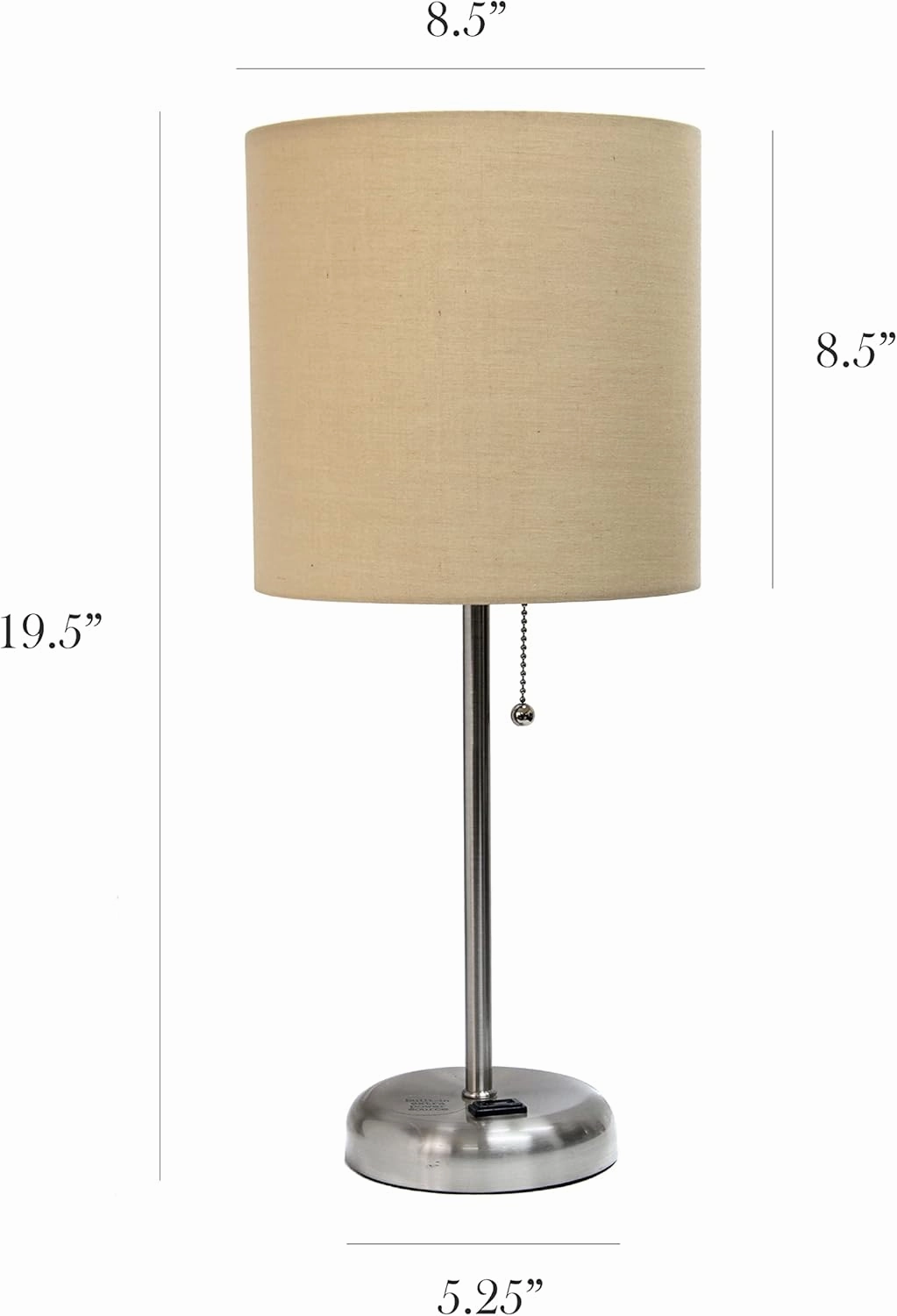 Simple Designs LT2024-TAN Brushed Steel Stick Table Desk Lamp with Charging Outlet and Drum Fabric Shade, Tan