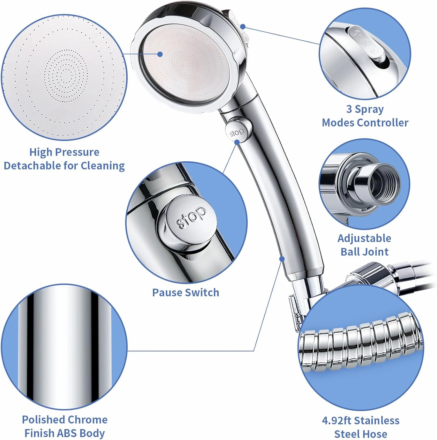 SINGSUO High Pressure Handheld Shower Head with On Off Switch, Detachable Shower Head, 3 Spray Modes Shower Massager Handheld with Hose and Adjustable Angle Bracket (Chrome)