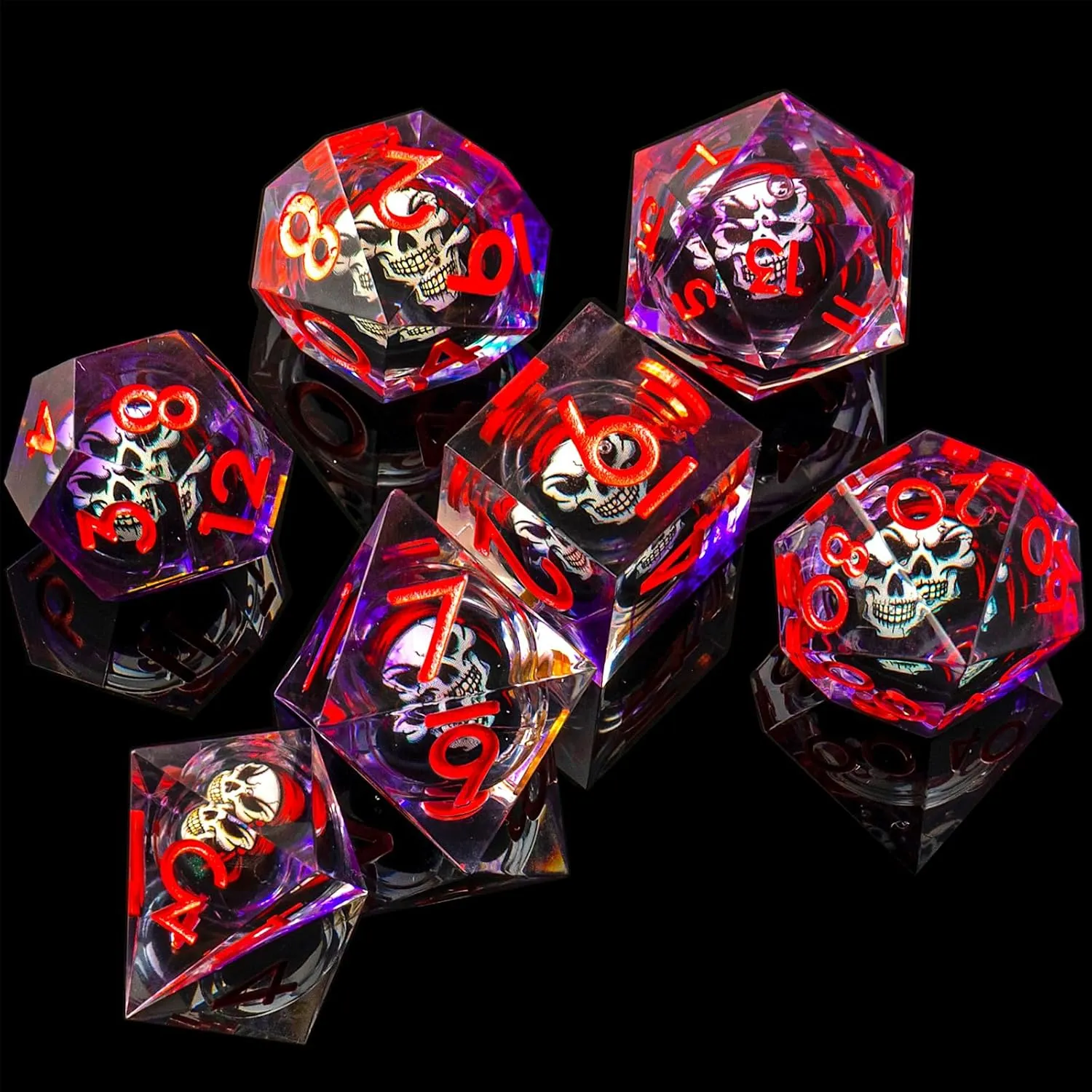 Skull DND Dice Set, Sharp Edged Resin Dice Set for Dungeons and Dragons, 7pcs RPG Polyhedral D&D Dice, MTG Role Playing Dice D20 D12 D10 D8 D6 D4 with Gift Box(Purple Pink)