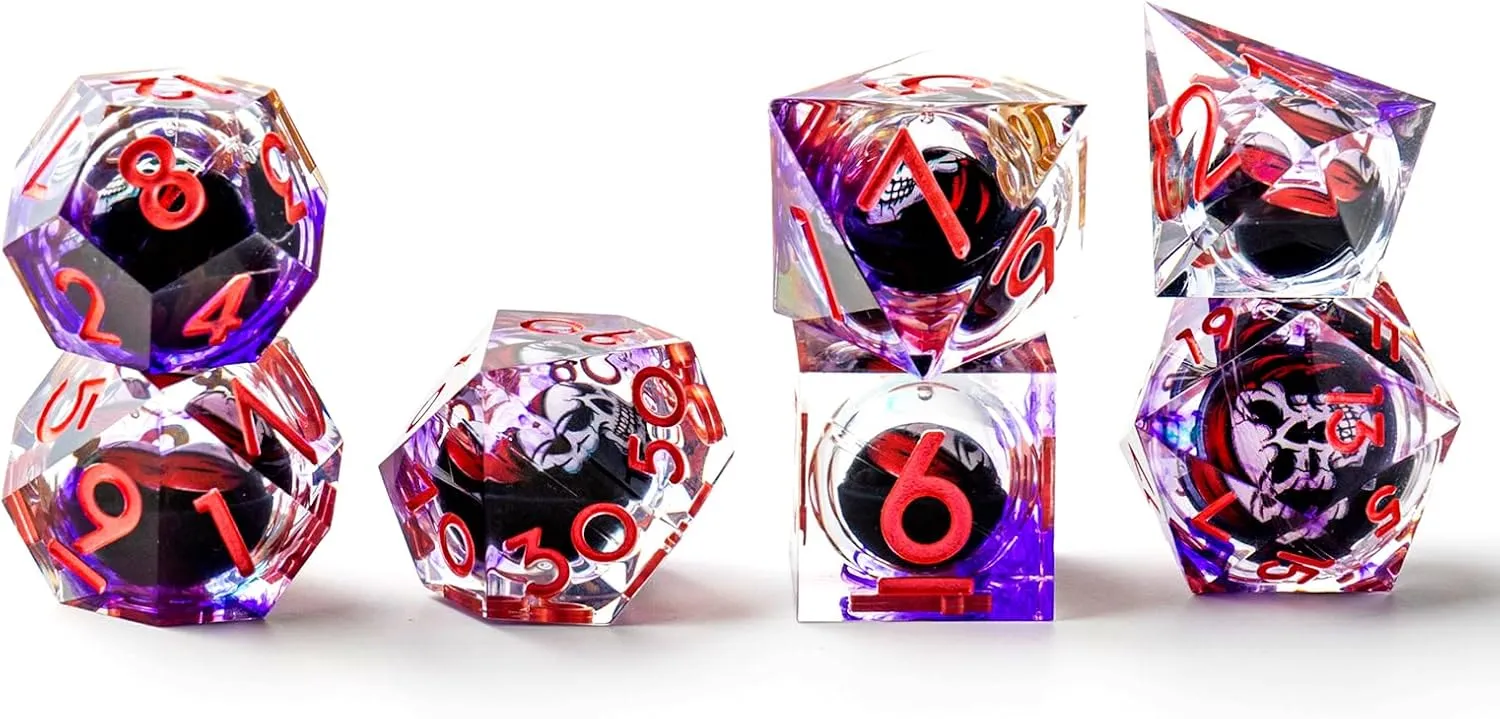 Skull DND Dice Set, Sharp Edged Resin Dice Set for Dungeons and Dragons, 7pcs RPG Polyhedral D&D Dice, MTG Role Playing Dice D20 D12 D10 D8 D6 D4 with Gift Box(Purple Pink)
