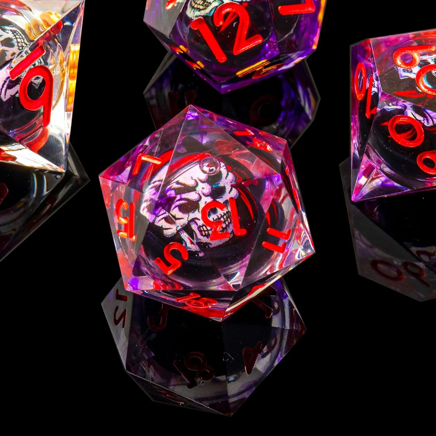 Skull DND Dice Set, Sharp Edged Resin Dice Set for Dungeons and Dragons, 7pcs RPG Polyhedral D&D Dice, MTG Role Playing Dice D20 D12 D10 D8 D6 D4 with Gift Box(Purple Pink)