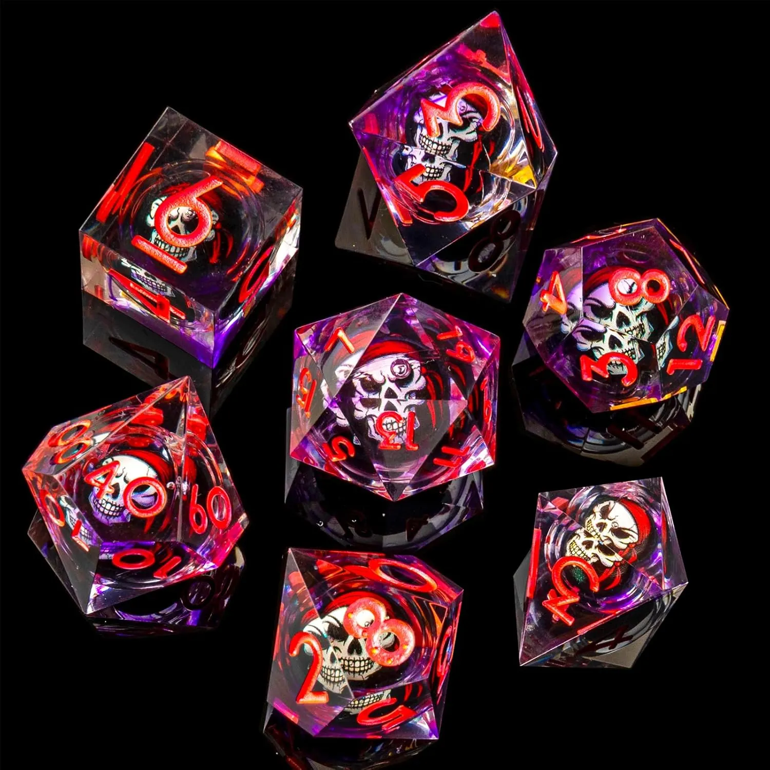 Skull DND Dice Set, Sharp Edged Resin Dice Set for Dungeons and Dragons, 7pcs RPG Polyhedral D&D Dice, MTG Role Playing Dice D20 D12 D10 D8 D6 D4 with Gift Box(Purple Pink)