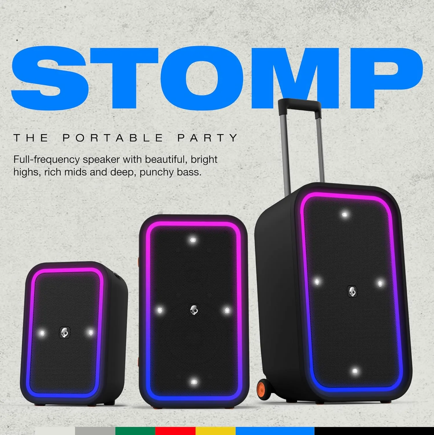 Skullcandy Stomp Bluetooth Speaker – IPX7 Waterproof Wireless Portable Speaker, with LED Lightshow & Strobe Modes, 12 Hour Battery, Multi-Link, & USB-C & USB-A Output Charging