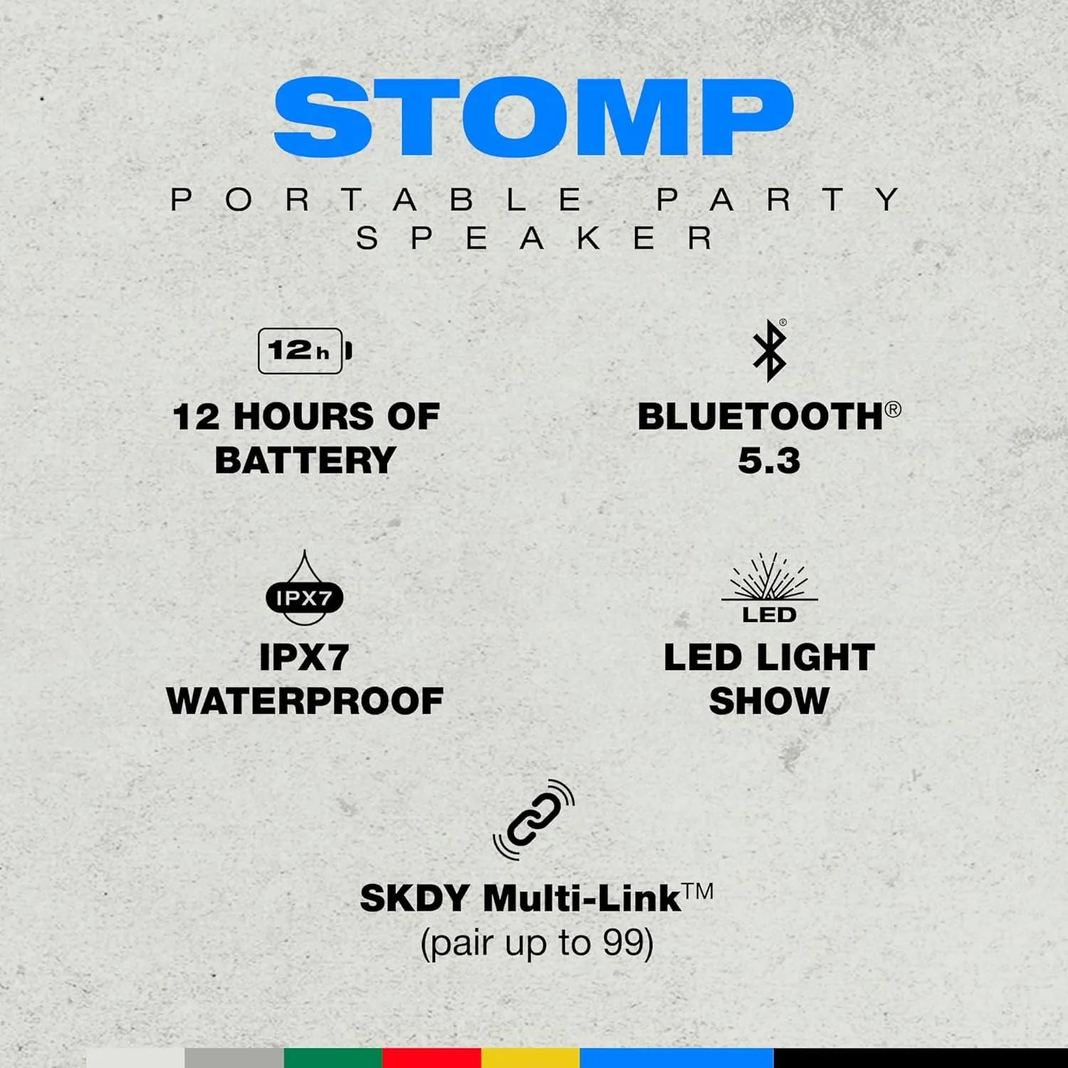 Skullcandy Stomp Bluetooth Speaker – IPX7 Waterproof Wireless Portable Speaker, with LED Lightshow & Strobe Modes, 12 Hour Battery, Multi-Link, & USB-C & USB-A Output Charging
