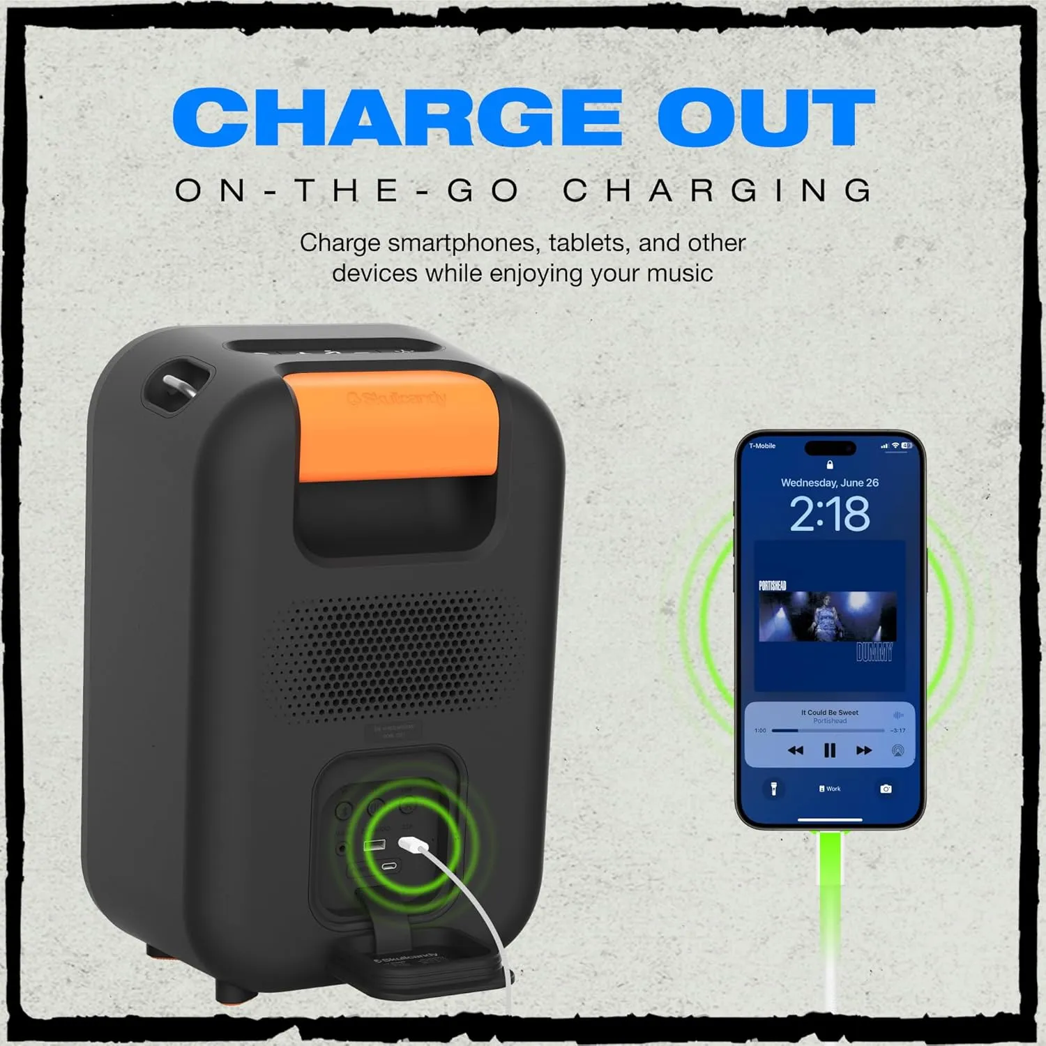 Skullcandy Stomp Bluetooth Speaker – IPX7 Waterproof Wireless Portable Speaker, with LED Lightshow & Strobe Modes, 12 Hour Battery, Multi-Link, & USB-C & USB-A Output Charging