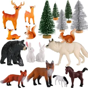 Skylety 18 Piece Wild Forest Animals Figures Toys Set Assorted Creatures Forest Diorama Realistic Plastic Woodland Animals Figurines Model Trees for Birthday Party Favors for Boys and Girls