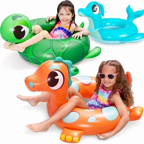 SLOOSH 3-Pack Inflatable Pool Tubes Floats - Dinosaur & Sea Turtle & Dolphin Swimming Rings for Kids Toddler, Pool Beach Water Float Party in Summer Decorations 29"