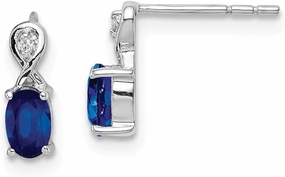 Solid 925 Sterling Silver Diamond and Sapphire Blue September Gemstone Oval Post Studs Earrings - 9mm x 3mm (.01 cttw.)