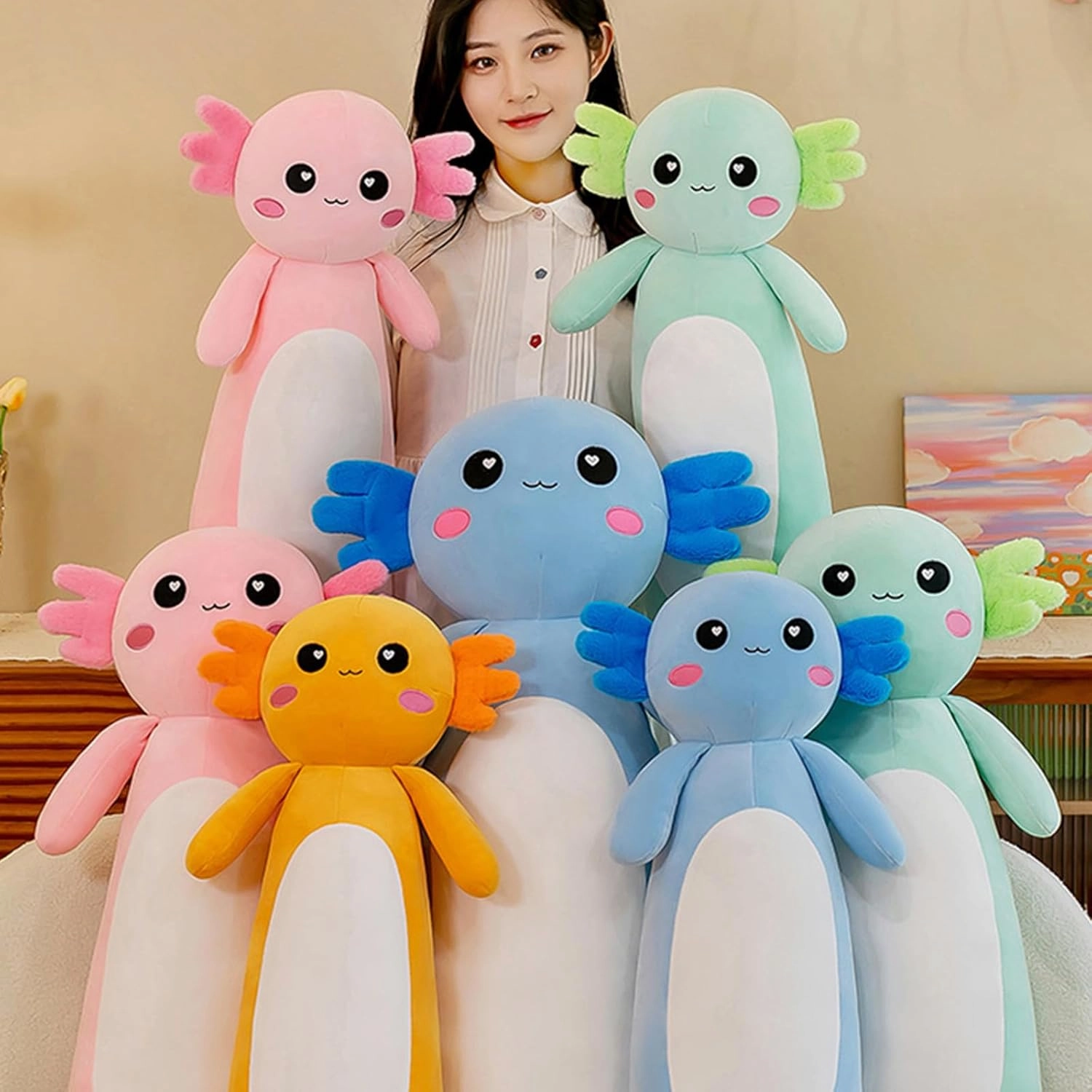 Somao Long Axolotl Plush Pillow, Cute Axolotl Stuffed Animal Body Plush Soft Plushies Doll Toy for Girls Boys(65cm/25.5inch,Green)
