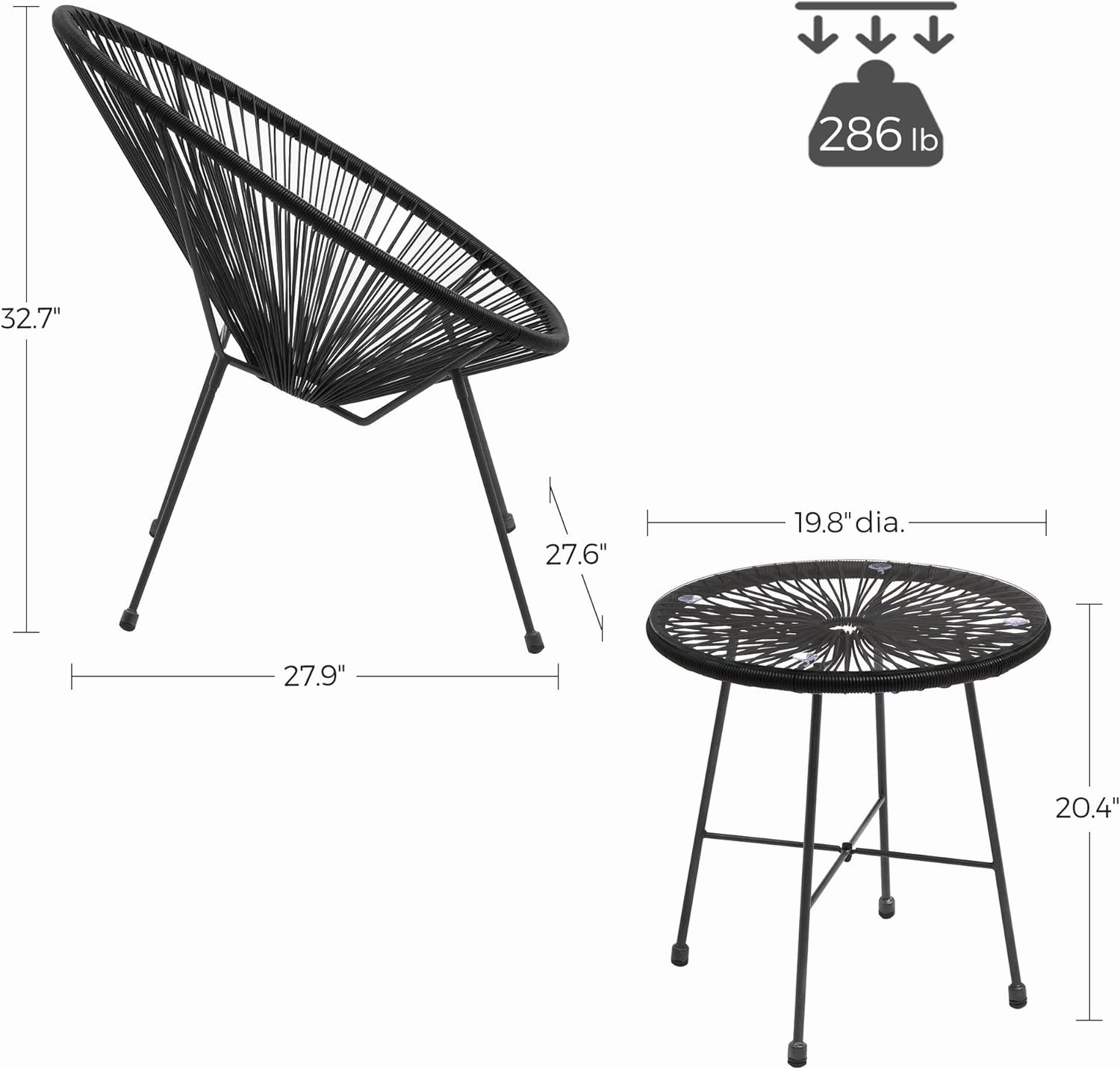 SONGMICS 3-Piece Outdoor Seating Acapulco Chair, Modern Patio Furniture Set, Glass Top Table and 2 Chairs, Indoor and Outdoor Conversation Bistro Set, Ink Black UGGF011B01