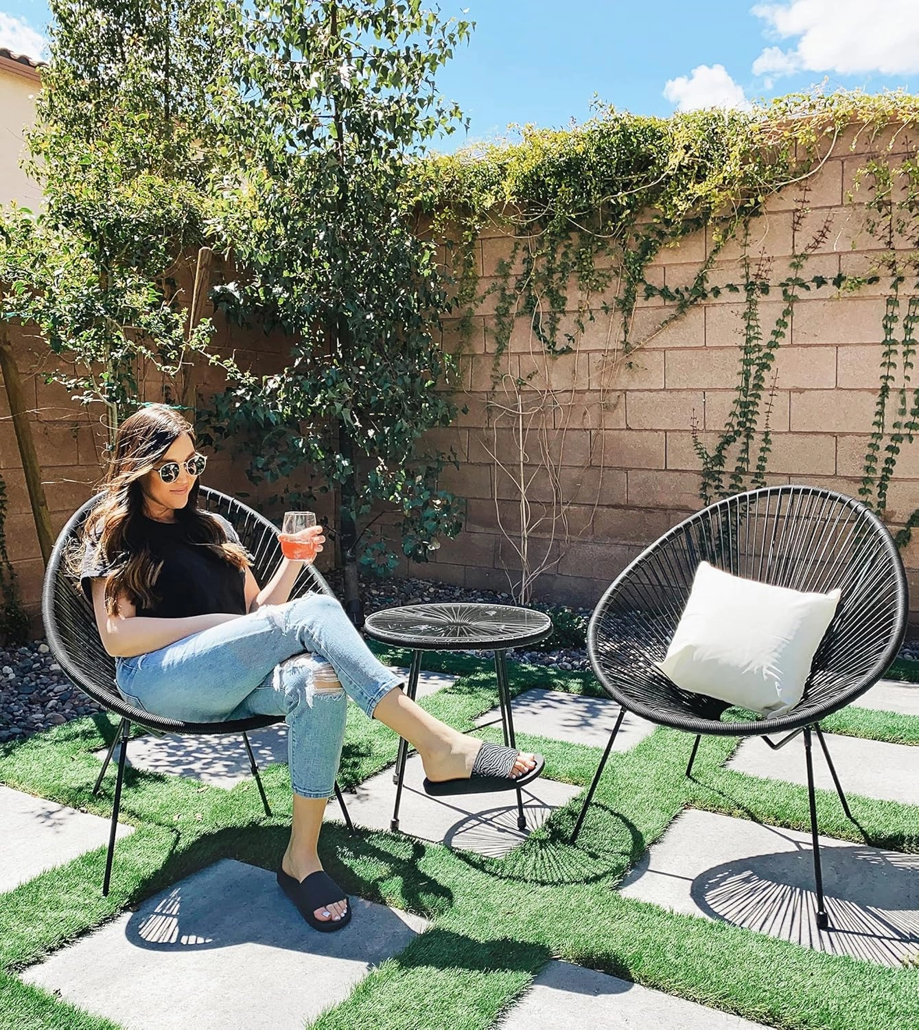 SONGMICS 3-Piece Outdoor Seating Acapulco Chair, Modern Patio Furniture Set, Glass Top Table and 2 Chairs, Indoor and Outdoor Conversation Bistro Set, Ink Black UGGF011B01