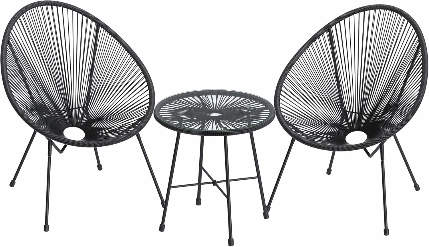 SONGMICS 3-Piece Outdoor Seating Acapulco Chair, Modern Patio Furniture Set, Glass Top Table and 2 Chairs, Indoor and Outdoor Conversation Bistro Set, Ink Black UGGF011B01