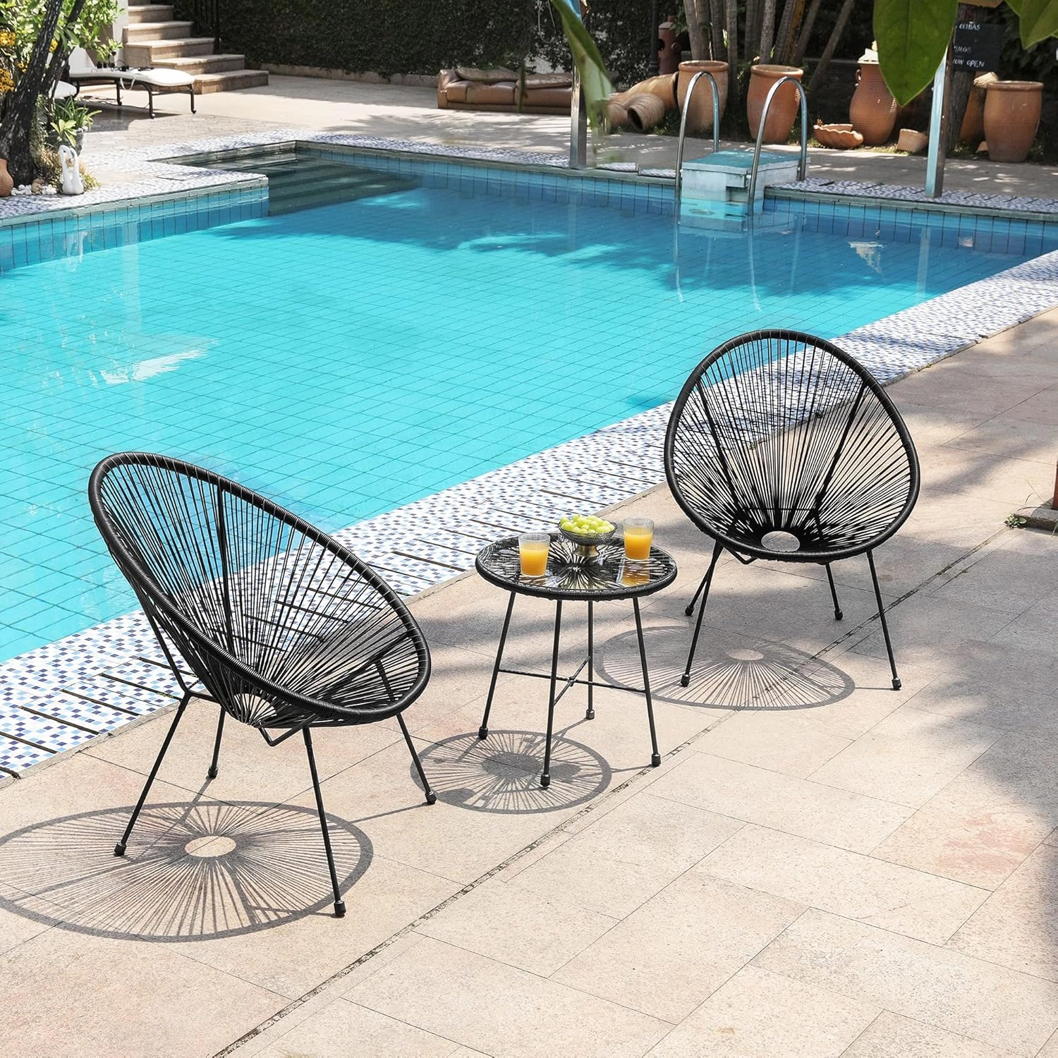 SONGMICS 3-Piece Outdoor Seating Acapulco Chair, Modern Patio Furniture Set, Glass Top Table and 2 Chairs, Indoor and Outdoor Conversation Bistro Set, Ink Black UGGF011B01