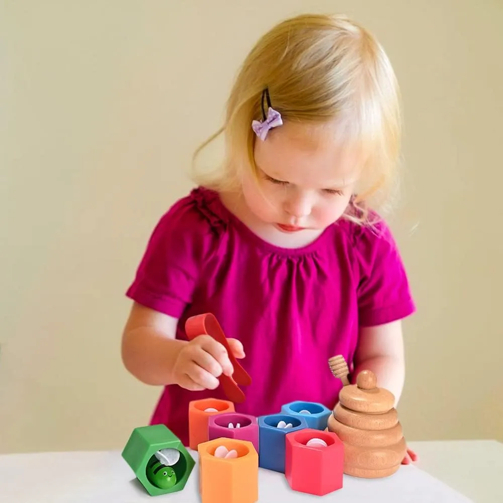 Sorting Stacking Wooden Sensory Bin Tools for Toddlers, Bee Hive Toy, Montessori Educational Gift for 3-5 Years Old, Fine Motor Skill Learning Toys
