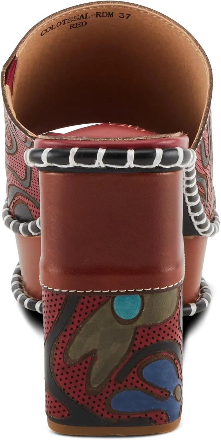 Spring Step L'Artiste Women's COLOSSAL Retro Platform Slides - Hand-Painted Flower Design, Leather-Wrapped Heel