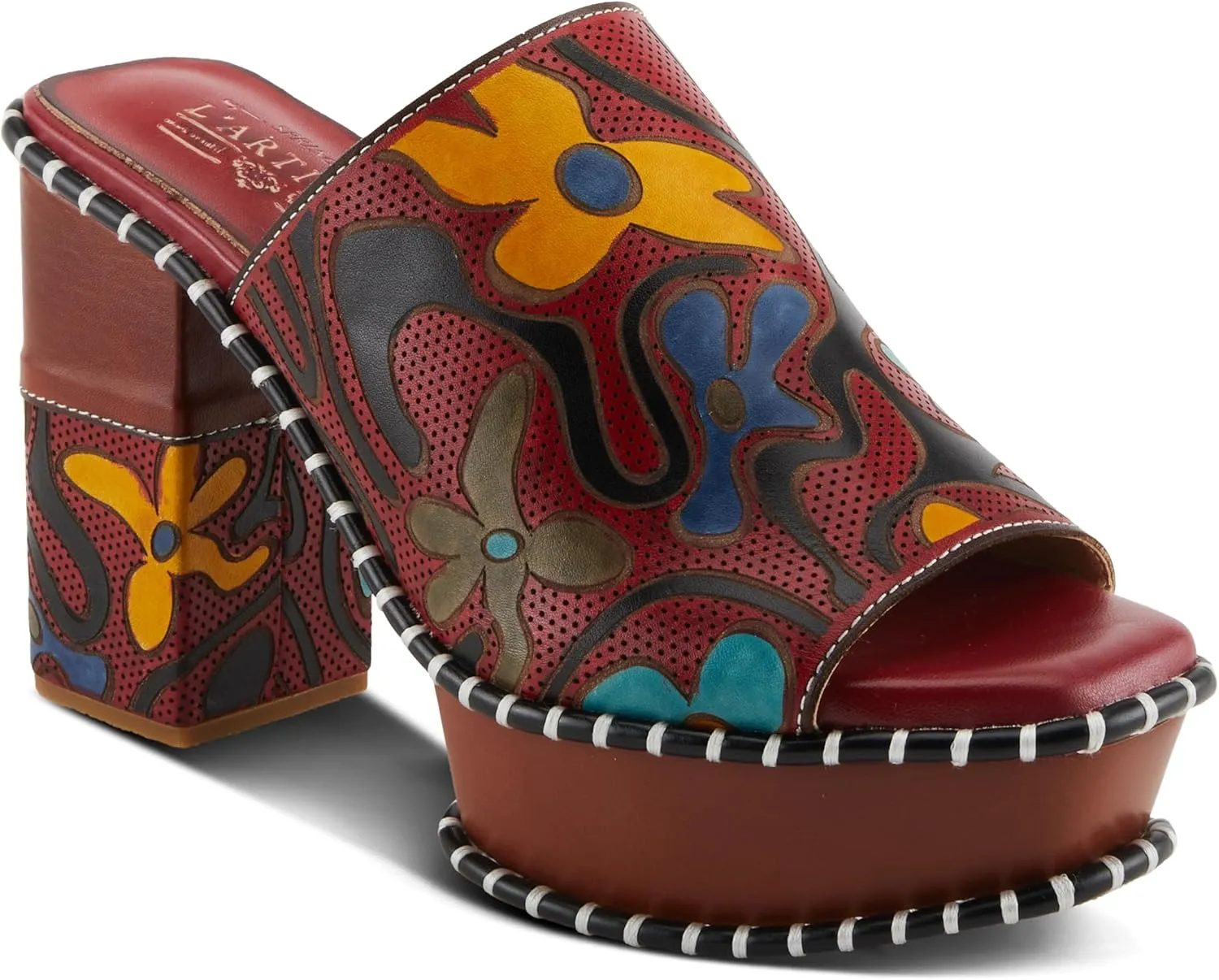 Spring Step L'Artiste Women's COLOSSAL Retro Platform Slides - Hand-Painted Flower Design, Leather-Wrapped Heel