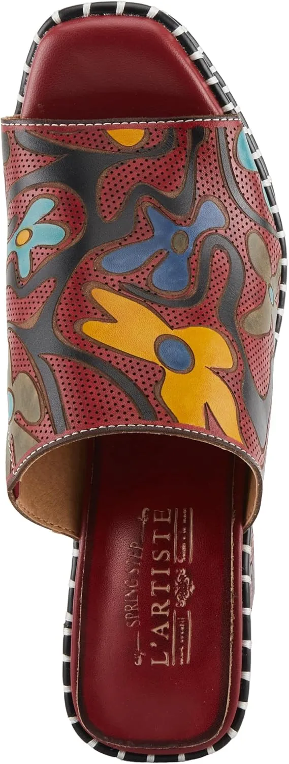 Spring Step L'Artiste Women's COLOSSAL Retro Platform Slides - Hand-Painted Flower Design, Leather-Wrapped Heel