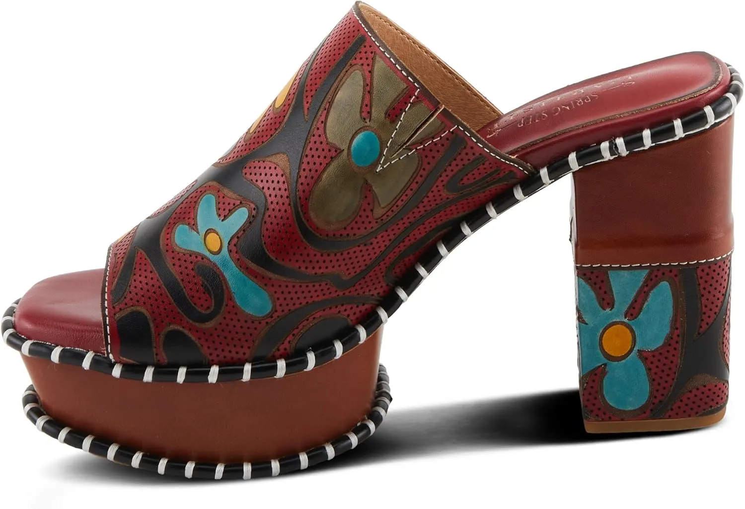 Spring Step L'Artiste Women's COLOSSAL Retro Platform Slides - Hand-Painted Flower Design, Leather-Wrapped Heel