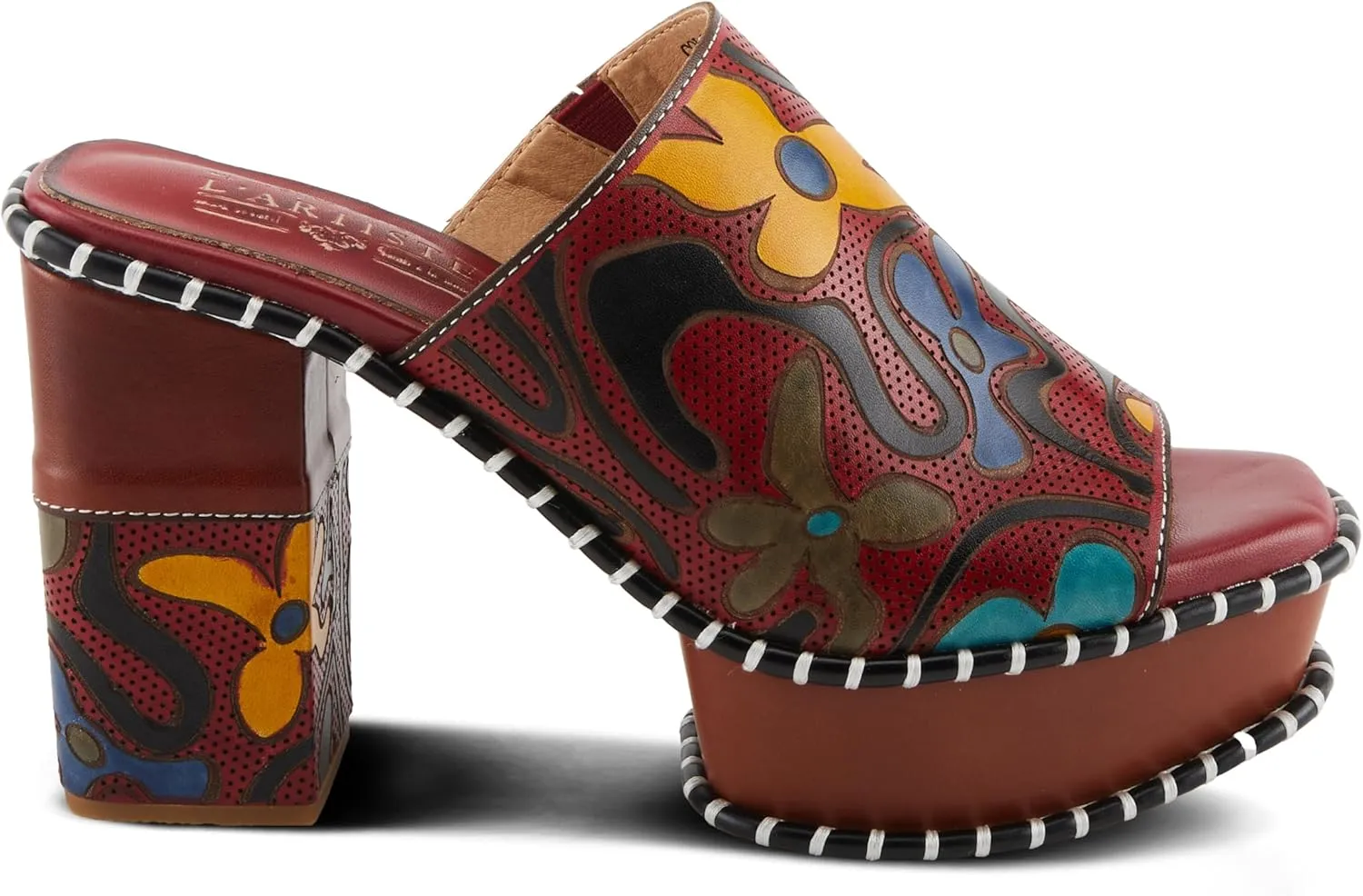 Spring Step L'Artiste Women's COLOSSAL Retro Platform Slides - Hand-Painted Flower Design, Leather-Wrapped Heel