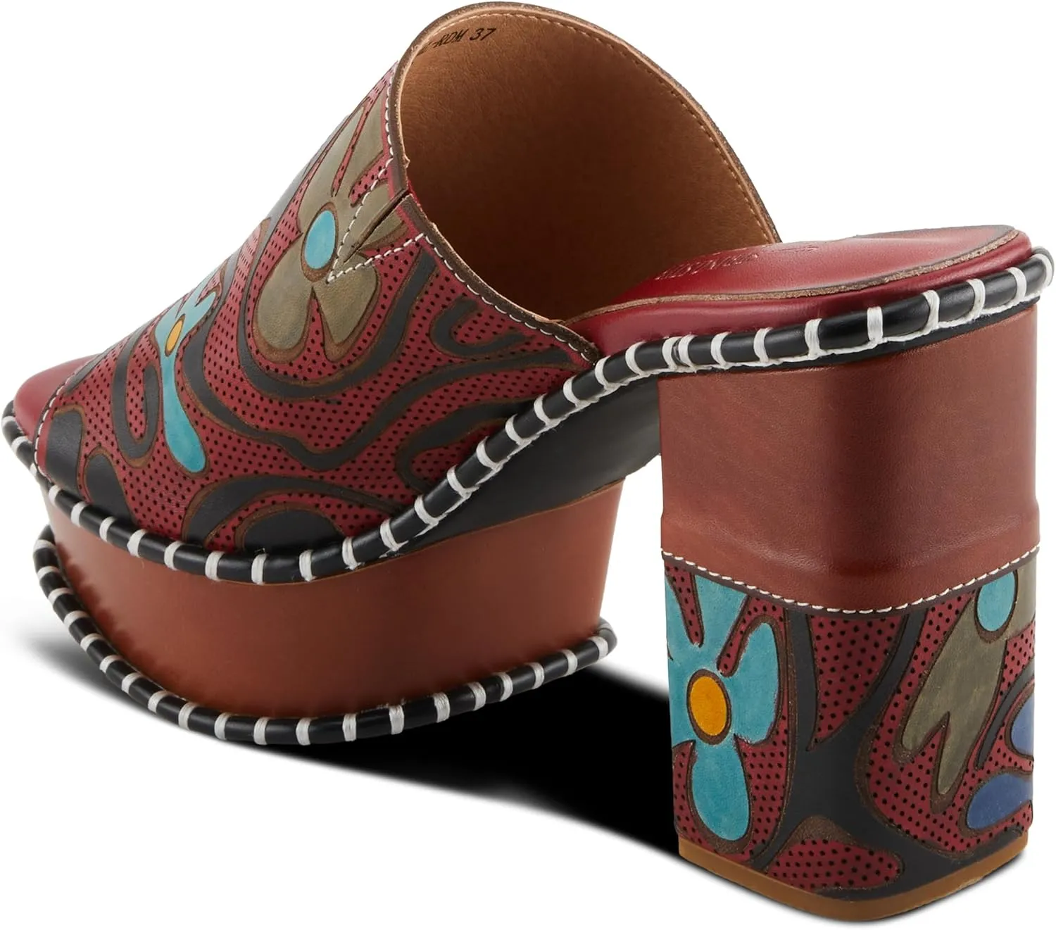 Spring Step L'Artiste Women's COLOSSAL Retro Platform Slides - Hand-Painted Flower Design, Leather-Wrapped Heel