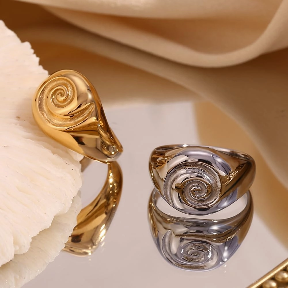 Stainless Steel Nautilus Signet Ring for Women Men Unisex 18K Gold Plating Statement Jewelry Gifts