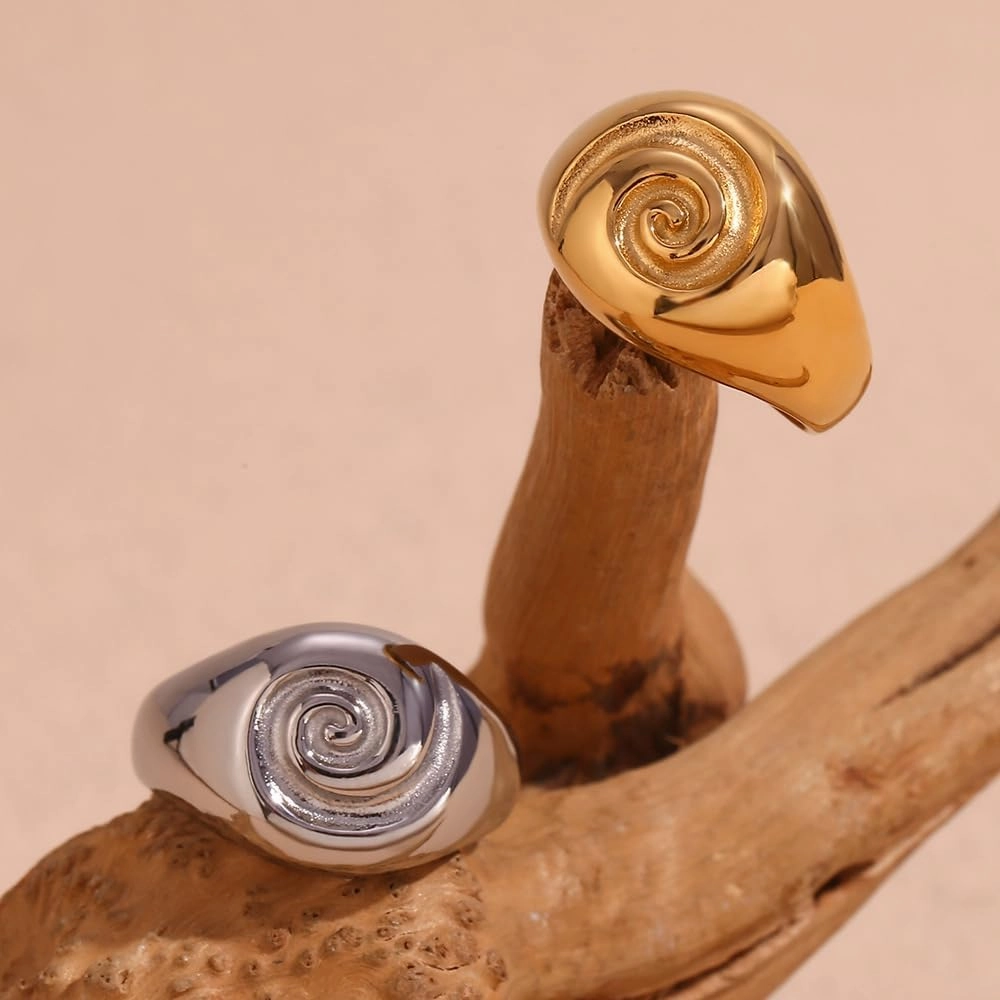 Stainless Steel Nautilus Signet Ring for Women Men Unisex 18K Gold Plating Statement Jewelry Gifts