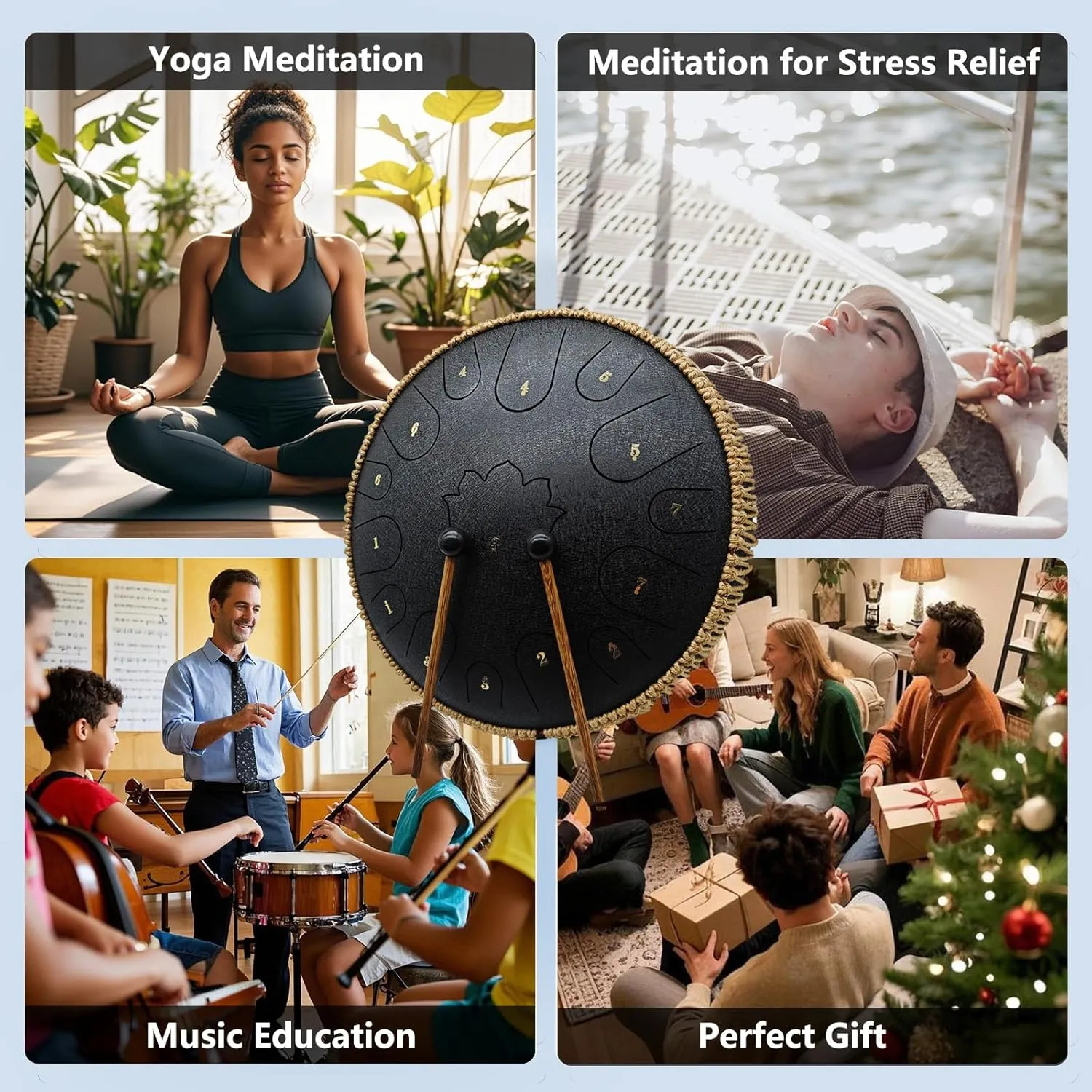 Steel Tongue Drum - 14 Inch 15 Notes C-Key Handpan, Tongue Drum for Sound Healing, Meditation & Relaxation, with Music Book, Mallets, Finger Picks, Packing Bag & Spare Note Labels