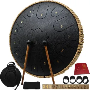 Steel Tongue Drum - 14 Inch 15 Notes C-Key Handpan, Tongue Drum for Sound Healing, Meditation & Relaxation, with Music Book, Mallets, Finger Picks, Packing Bag & Spare Note Labels