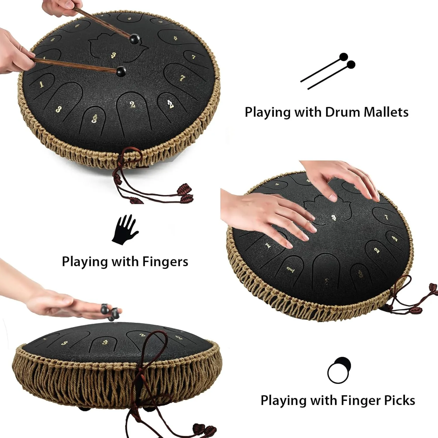 Steel Tongue Drum - 14 Inch 15 Notes C-Key Handpan, Tongue Drum for Sound Healing, Meditation & Relaxation, with Music Book, Mallets, Finger Picks, Packing Bag & Spare Note Labels
