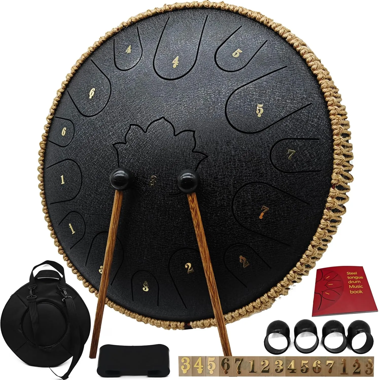 Steel Tongue Drum - 14 Inch 15 Notes C-Key Handpan, Tongue Drum for Sound Healing, Meditation & Relaxation, with Music Book, Mallets, Finger Picks, Packing Bag & Spare Note Labels