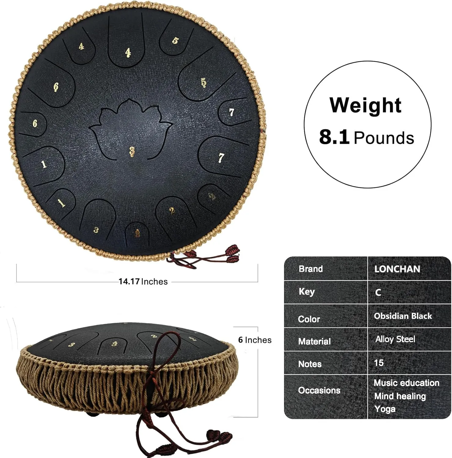 Steel Tongue Drum - 14 Inch 15 Notes C-Key Handpan, Tongue Drum for Sound Healing, Meditation & Relaxation, with Music Book, Mallets, Finger Picks, Packing Bag & Spare Note Labels