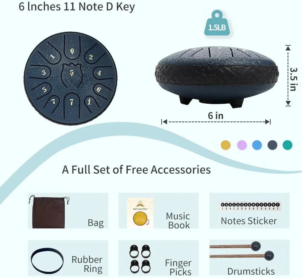 Steel Tongue Drum 6 Inche 11 Note Steel Drums Rain Chime,Raindrop Drum,Rain Drum for Outside Garden（Dark Blue）