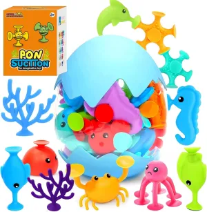 Suction Bath Toys 30pcs for Kids - Fine Motor Window Toys, Silicone Ocean Animal Suction Cup Toys with Dinosaur Eggshell, Sensory Travel Toys for Toddlers, Great for Autism/ADD/ADHD.