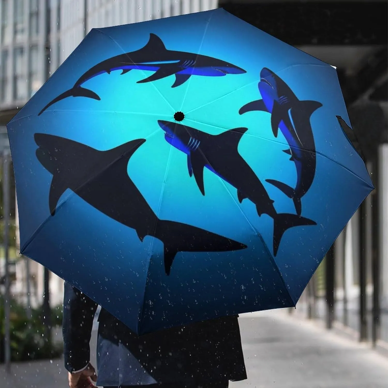 Supdreamc Compact Lightweight Portable Travel Auto Folding Umbrella with Black Glue Anti UV Coating - Ocean Blue Sea Floating Sharks Outdoor Umbrellas Water Repellent Umbrella