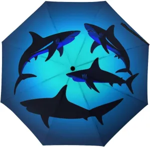 Supdreamc Compact Lightweight Portable Travel Auto Folding Umbrella with Black Glue Anti UV Coating - Ocean Blue Sea Floating Sharks Outdoor Umbrellas Water Repellent Umbrella
