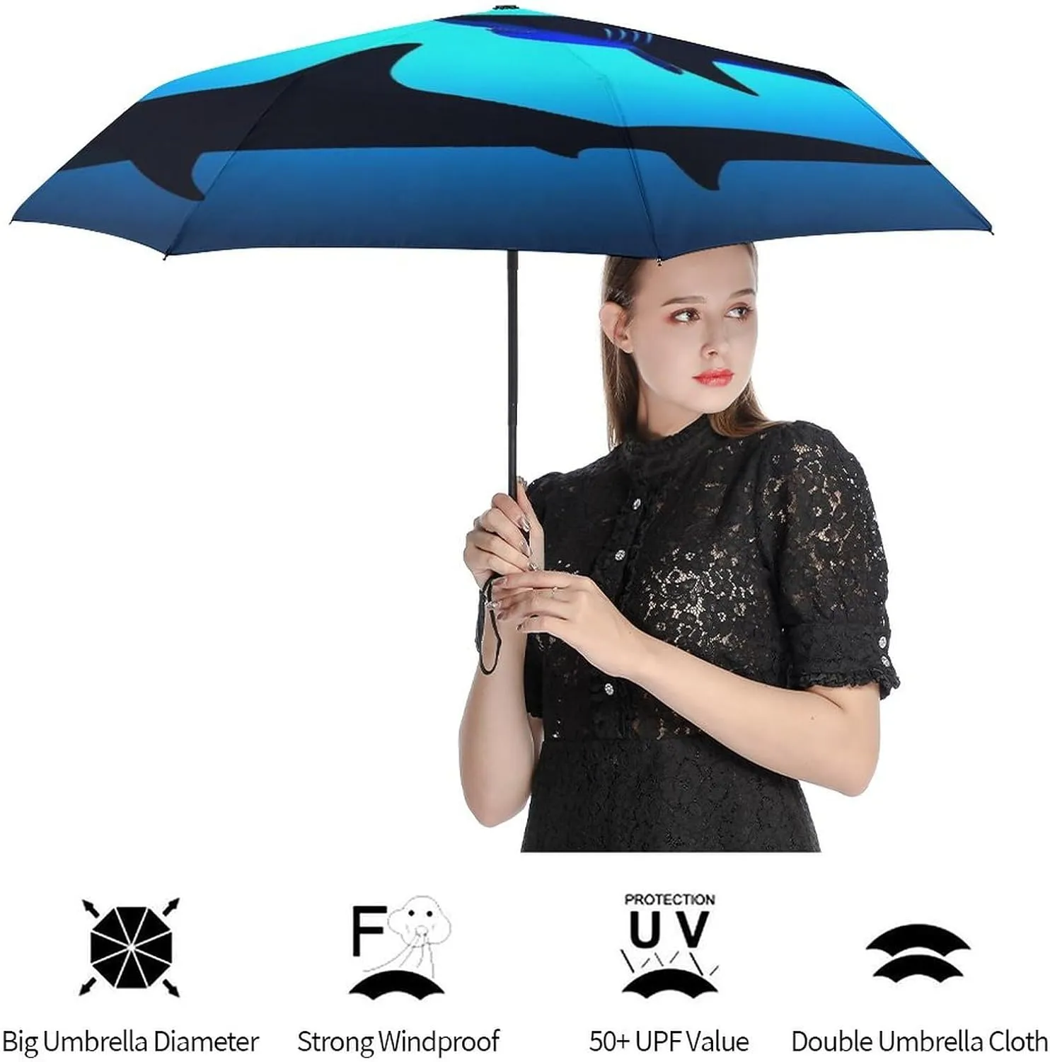 Supdreamc Compact Lightweight Portable Travel Auto Folding Umbrella with Black Glue Anti UV Coating - Ocean Blue Sea Floating Sharks Outdoor Umbrellas Water Repellent Umbrella