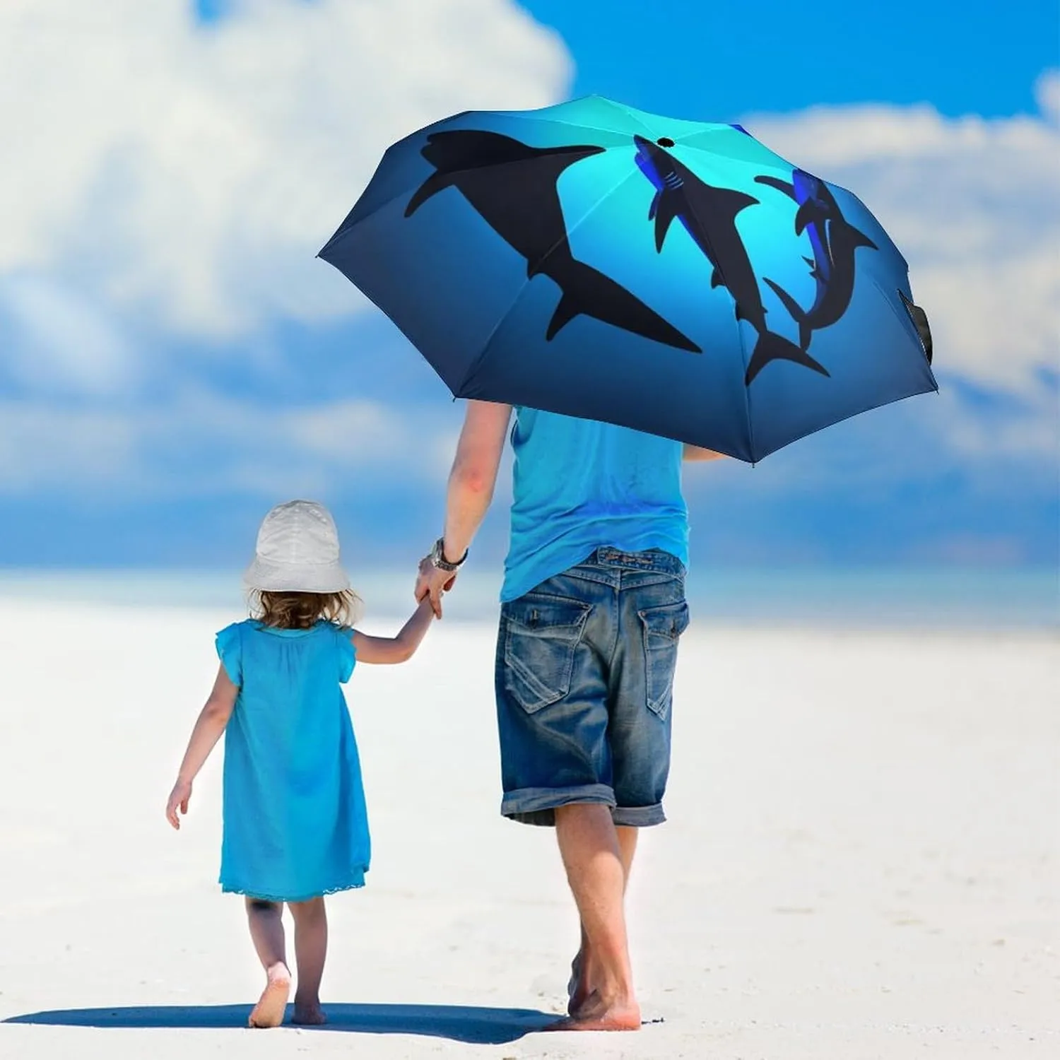 Supdreamc Compact Lightweight Portable Travel Auto Folding Umbrella with Black Glue Anti UV Coating - Ocean Blue Sea Floating Sharks Outdoor Umbrellas Water Repellent Umbrella