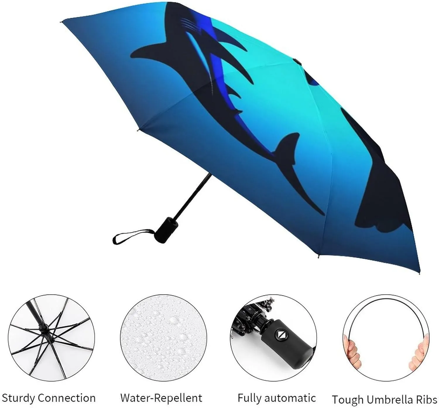 Supdreamc Compact Lightweight Portable Travel Auto Folding Umbrella with Black Glue Anti UV Coating - Ocean Blue Sea Floating Sharks Outdoor Umbrellas Water Repellent Umbrella
