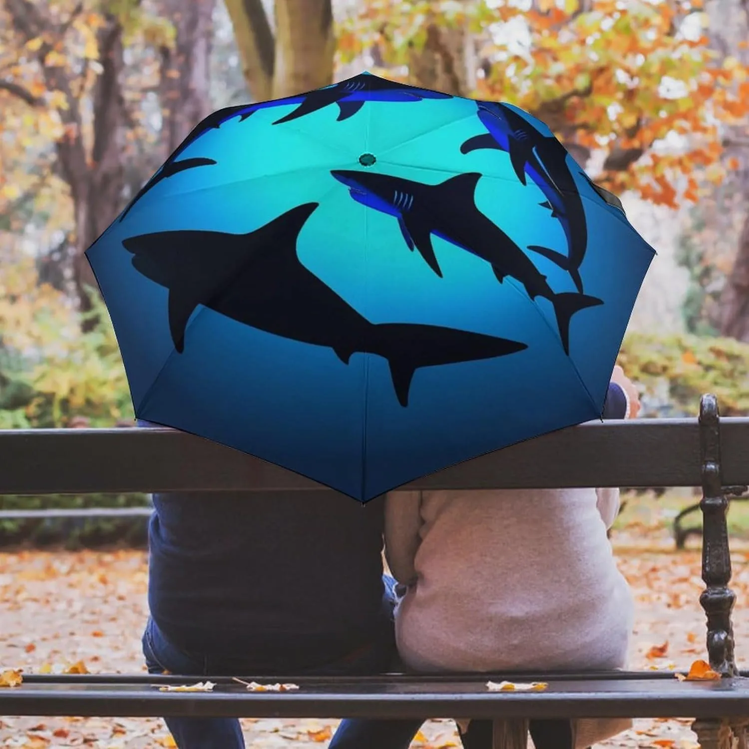 Supdreamc Compact Lightweight Portable Travel Auto Folding Umbrella with Black Glue Anti UV Coating - Ocean Blue Sea Floating Sharks Outdoor Umbrellas Water Repellent Umbrella