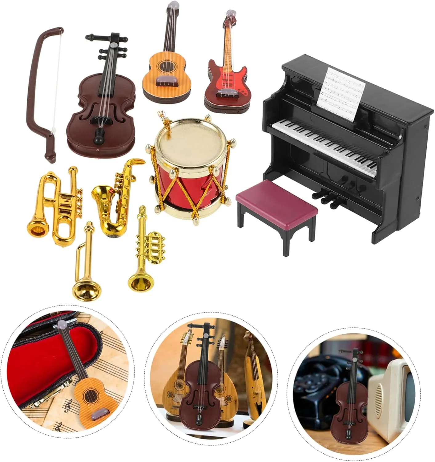 SUPVOX 3sets Miniature Musical Instrument Lovely Dollhouse Decor Piano Violin and Drum for Mini House Craft Projects and Scenes Traditional Design Excellent Workmanship for Stunning