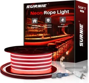 SURNIE LED Strip Lights Flexible 50ft Red Waterproof LED Rope Lights Outdoor, 110V Red Neon Lights Cuttable & Connectable Indoor Outdoor Decor DIY Lights for Room Festival Commercial Building