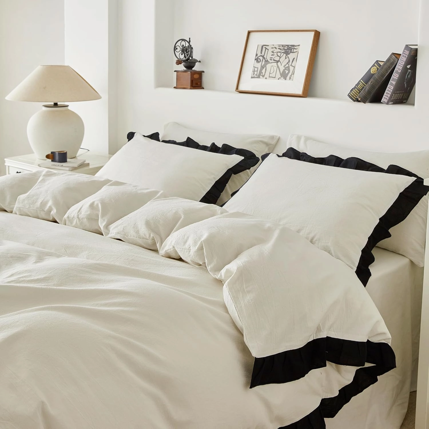 SUSYBAO Ruffle Duvet Cover Queen 100% Washed Cotton Black Ruffled Duvet Cover 3 Pieces Set 1 Cute Black White Lace Duvet Cover with Zipper Ties 2 Pillow Shams Soft Farmhouse Princess Bedding Set