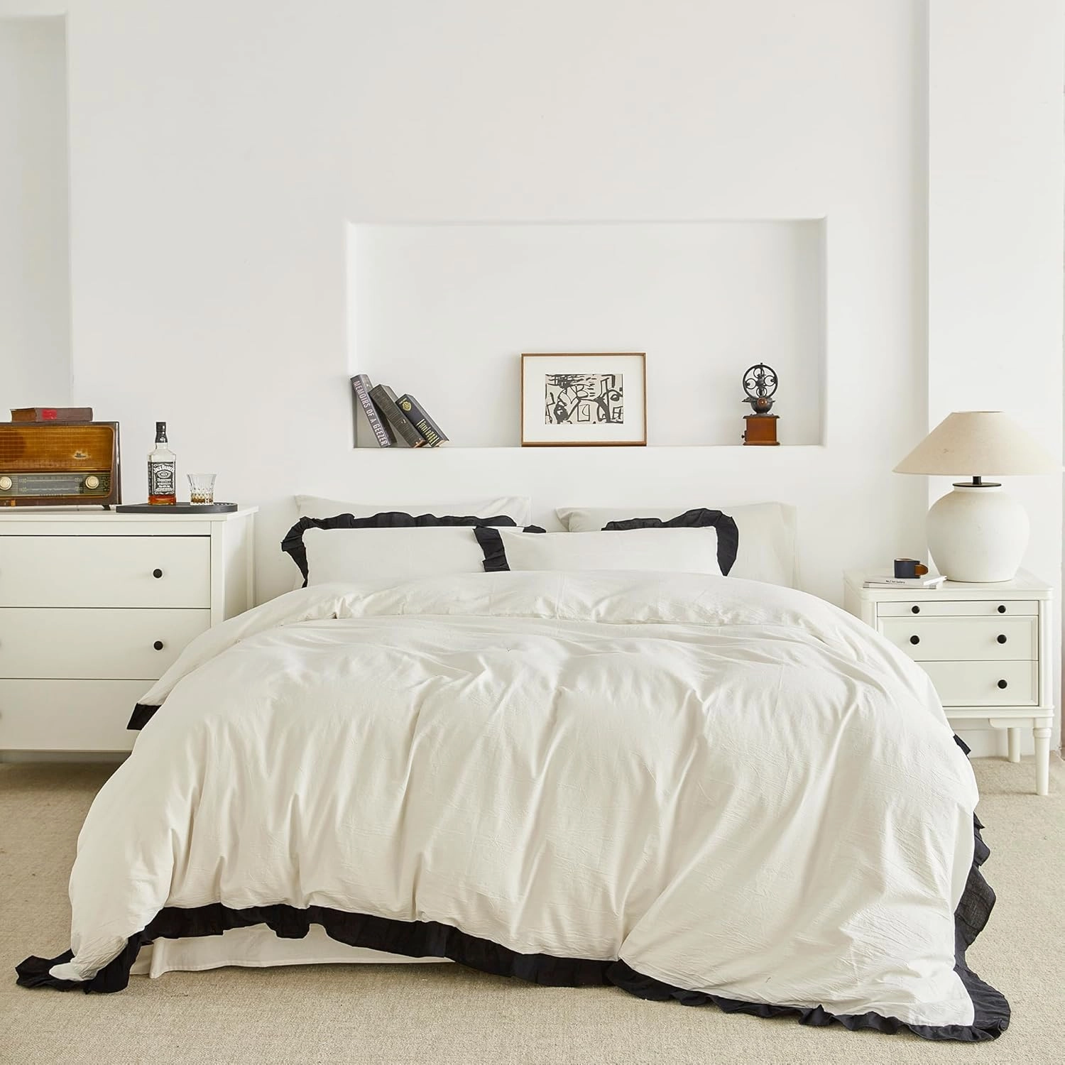 SUSYBAO Ruffle Duvet Cover Queen 100% Washed Cotton Black Ruffled Duvet Cover 3 Pieces Set 1 Cute Black White Lace Duvet Cover with Zipper Ties 2 Pillow Shams Soft Farmhouse Princess Bedding Set
