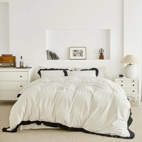 SUSYBAO Ruffle Duvet Cover Queen 100% Washed Cotton Black Ruffled Duvet Cover 3 Pieces Set 1 Cute Black White Lace Duvet Cover with Zipper Ties 2 Pillow Shams Soft Farmhouse Princess Bedding Set