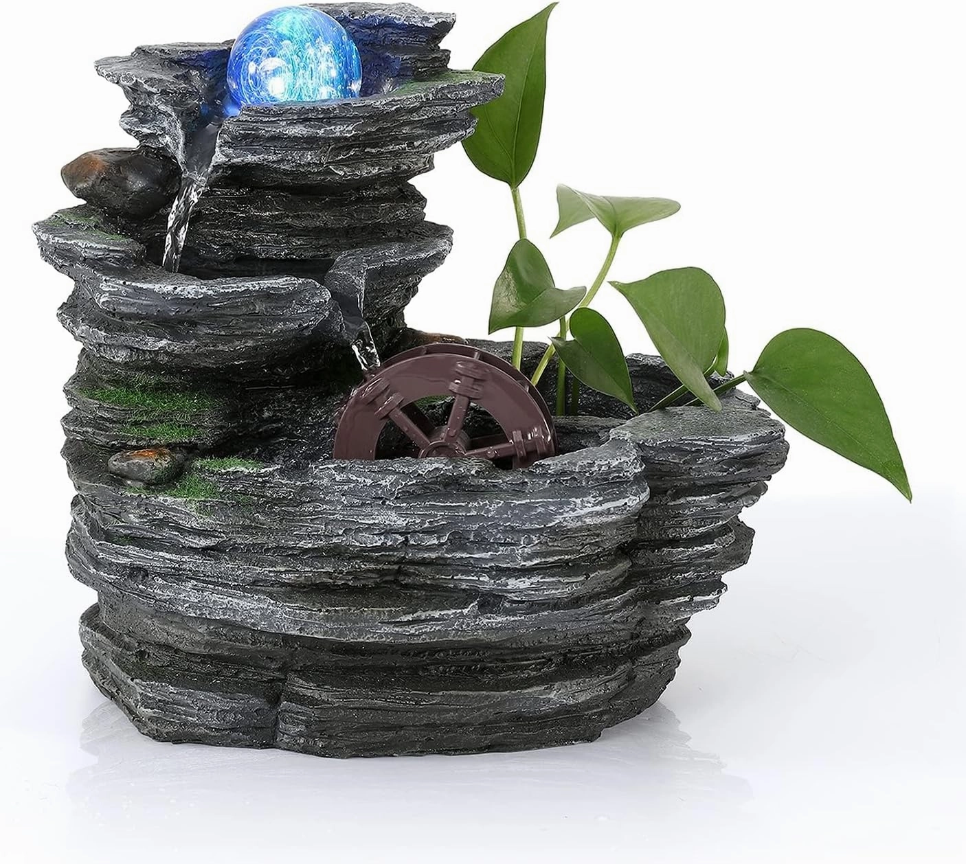Tabletop Water Fountain - Environmental Resin Meditation Desktop Waterwheel With Crystal Ball and Light for Home Office Decor Relaxation - Indoor Waterfall Feature 10X7X11in