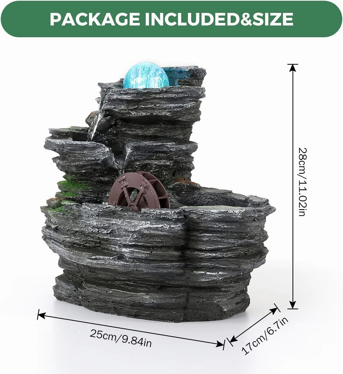 Tabletop Water Fountain - Environmental Resin Meditation Desktop Waterwheel With Crystal Ball and Light for Home Office Decor Relaxation - Indoor Waterfall Feature 10X7X11in