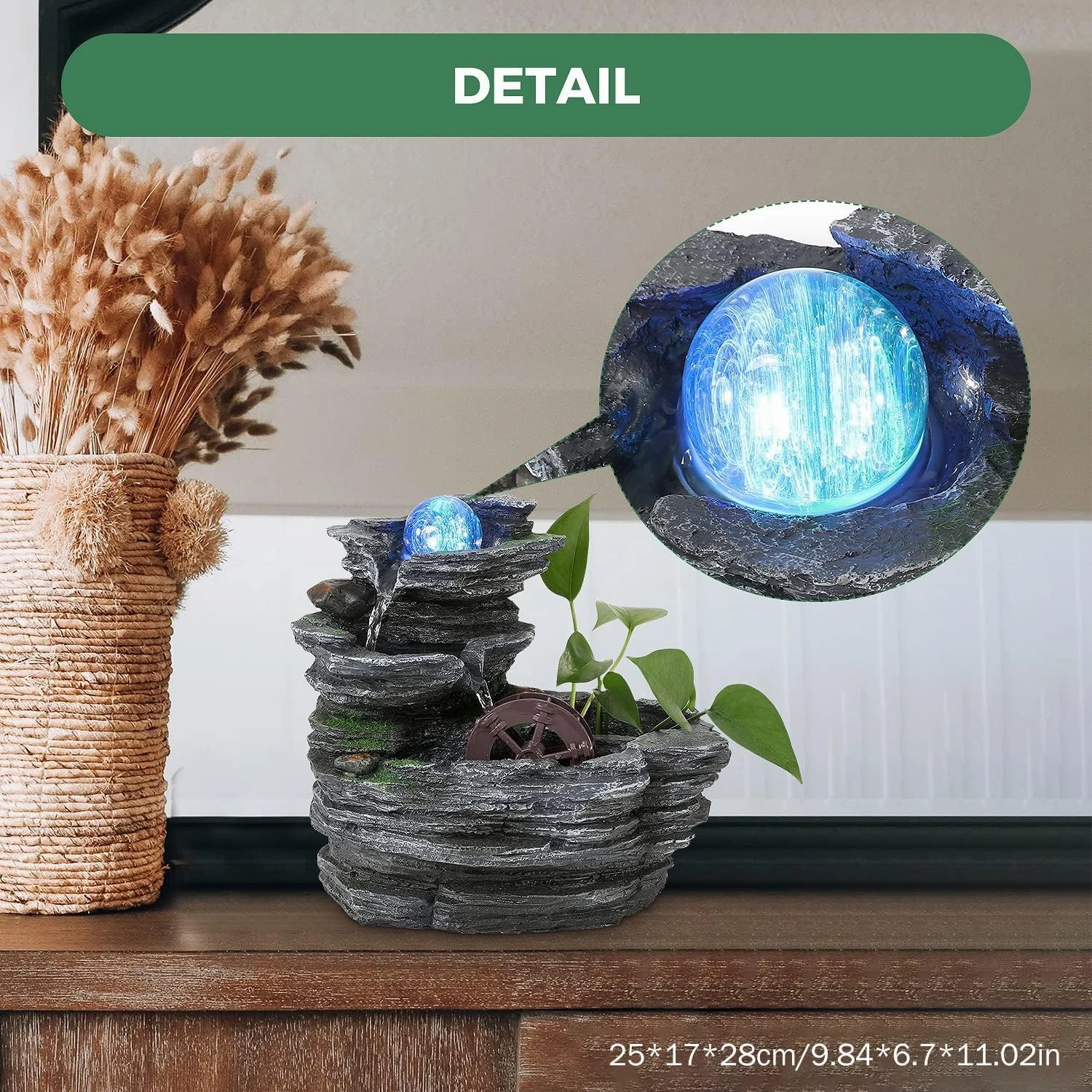 Tabletop Water Fountain - Environmental Resin Meditation Desktop Waterwheel With Crystal Ball and Light for Home Office Decor Relaxation - Indoor Waterfall Feature 10X7X11in